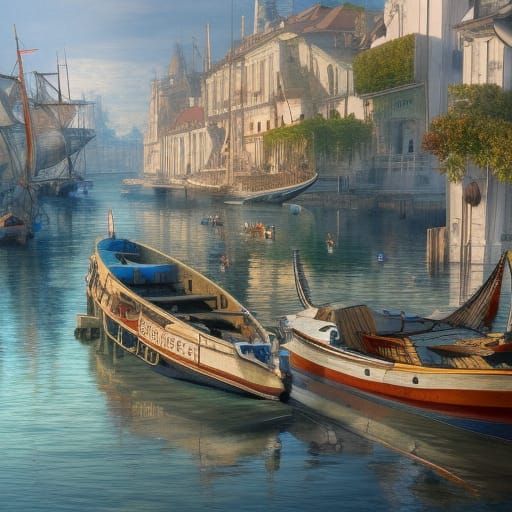 Harbor with Boats in Art Nouveau Style