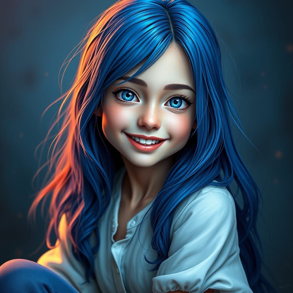 Serene Blue-Haired Beauty in Vibrant Triadic Hues