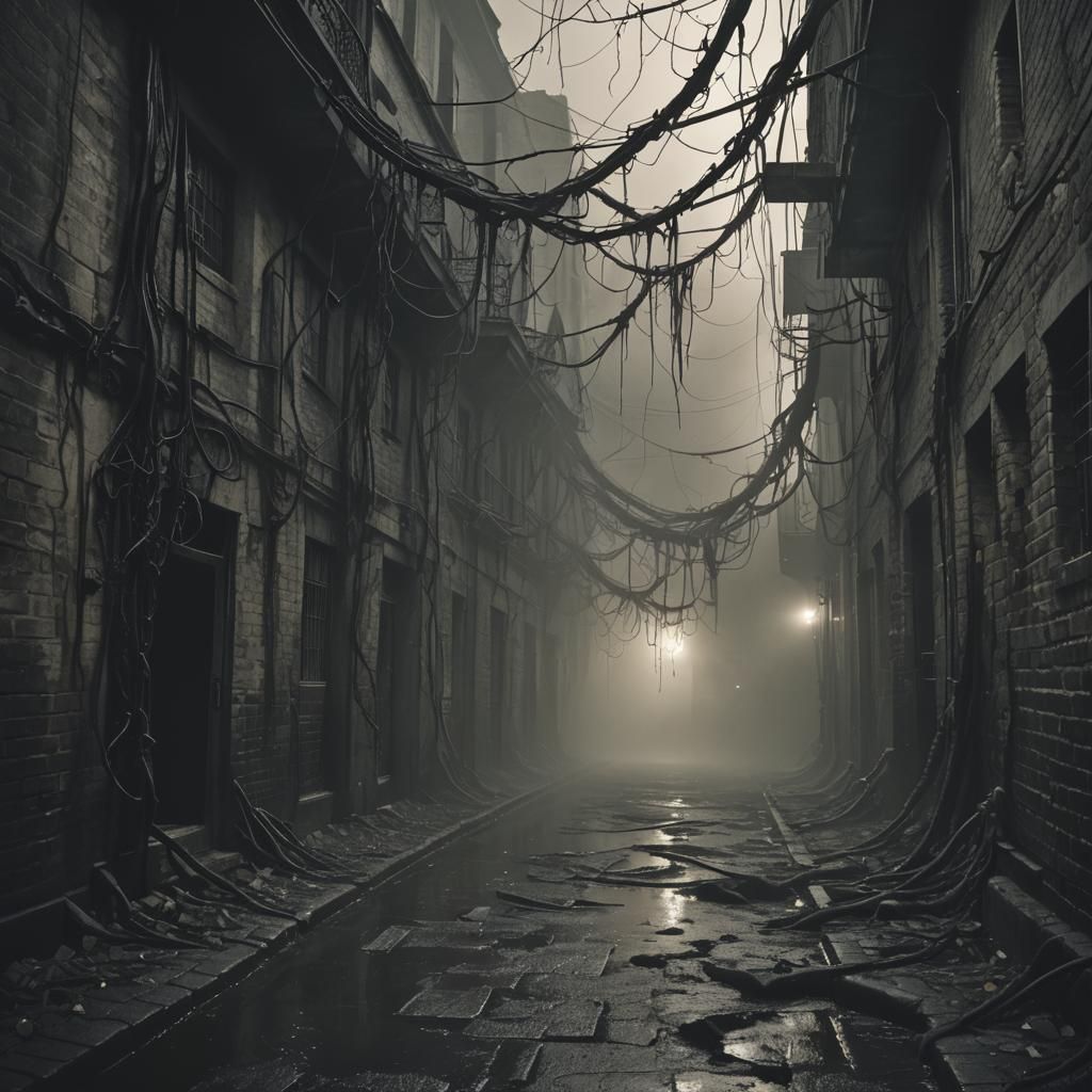 Eerie Black Fog in Abandoned Alleyway, Dark Surrealism