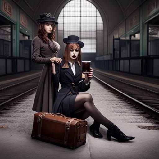 Lovecraftian Woman at Steampunk Train Station