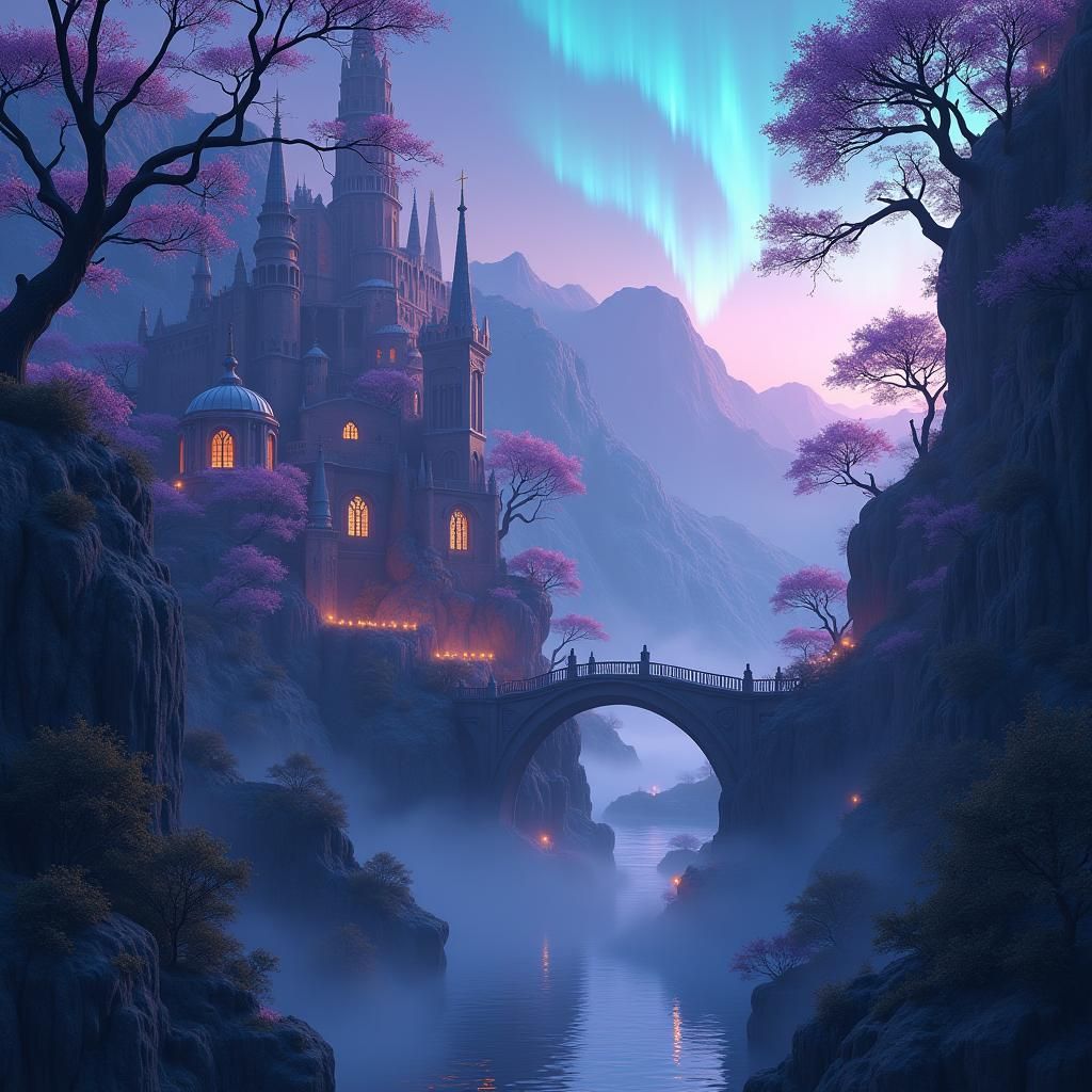 Dreamscape Cityscape with Aurora Borealis, Matte Painting