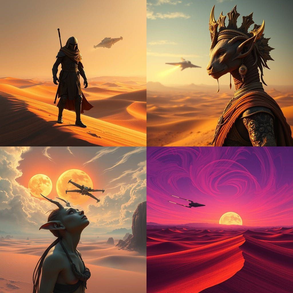 beautiful fantasy DALL-E 3 portrait landscape (-human)  with star wars ship flying across a desert.. detailed matte pain...