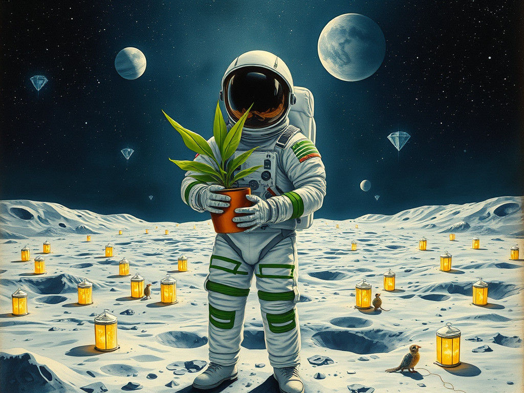 Astronaut on Moon with Plant, Fantasy Art