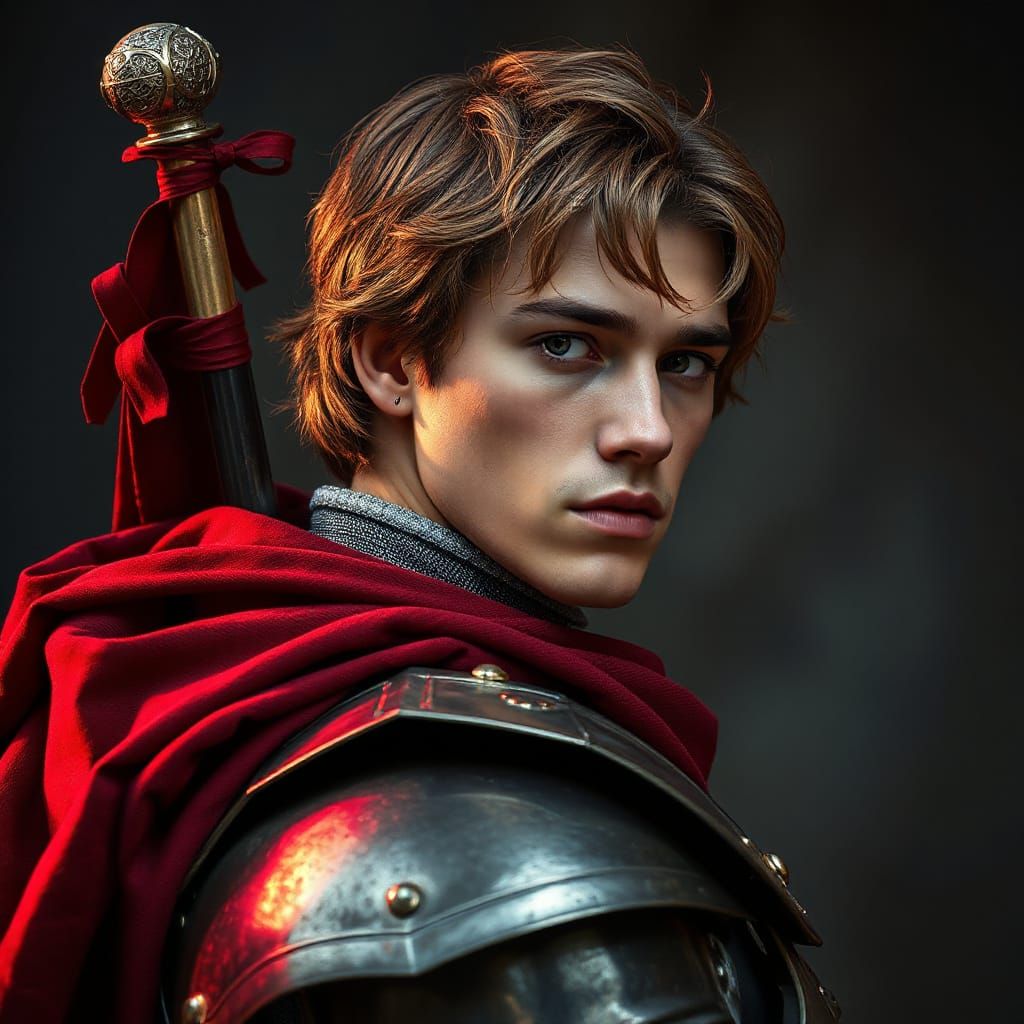 Vibrant Portrait of Knight with Sword, Photorealistic Art