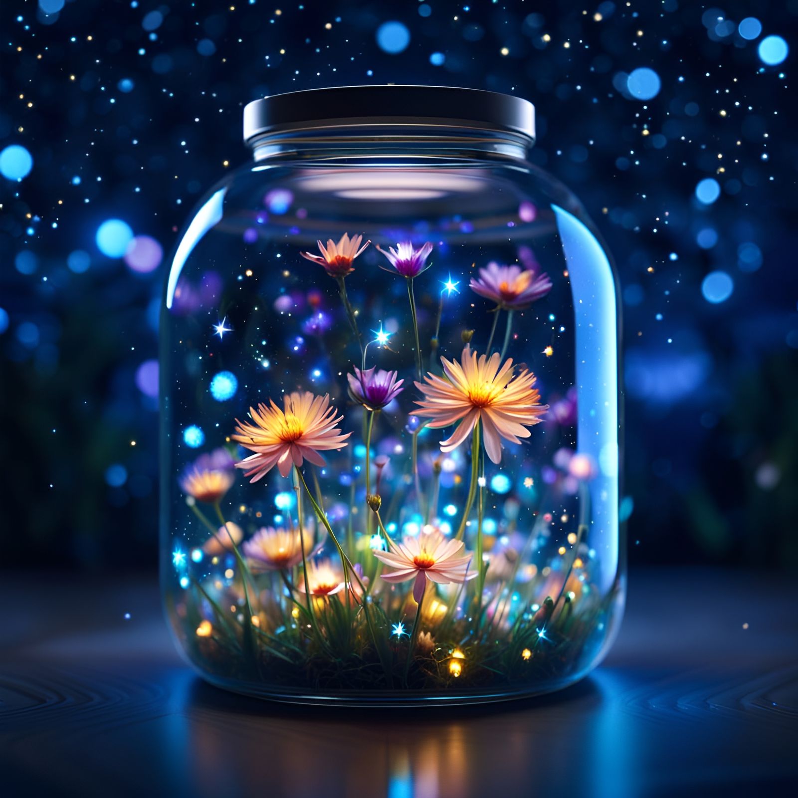 Glowing Flowers in a Jar Under Starry Night