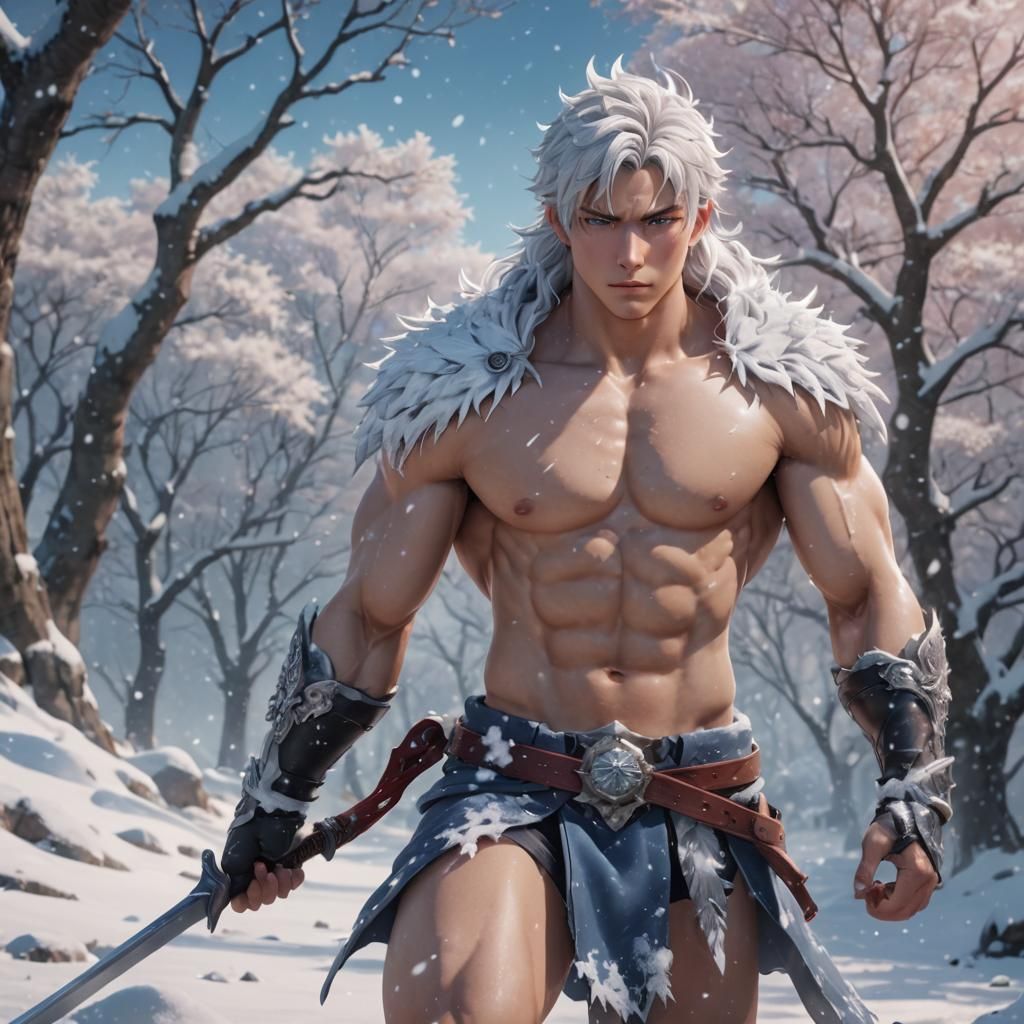 Icy Anime Warrior in Snowy Landscape: 3D Art