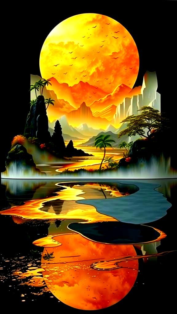 Cliffs Descend to Sea With Palm Trees and Yellow Fog