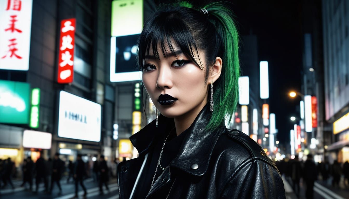 Japanese Rock Singer in Tokyo at Night, Edgy Portrait in Bla...
