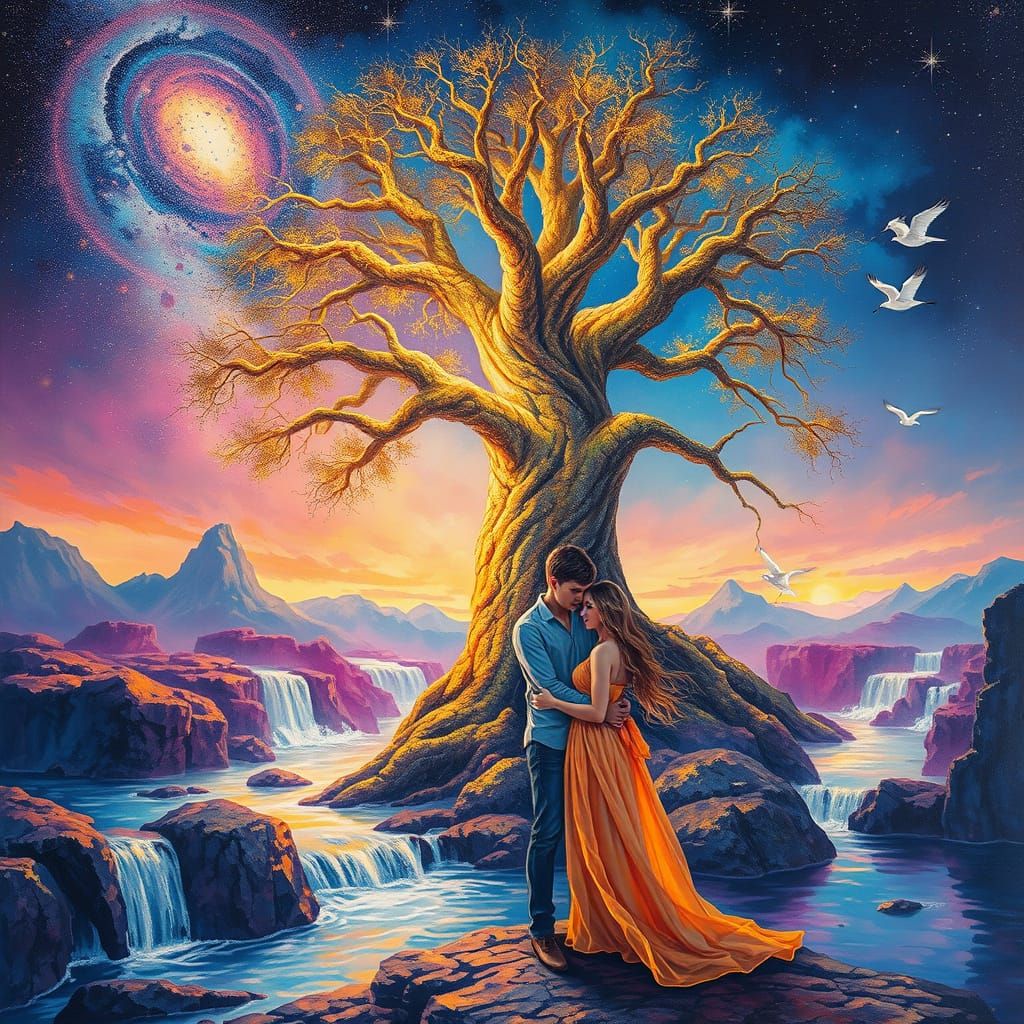 Surrealist Landscape with Luminescent Tree and Abstract Gala...
