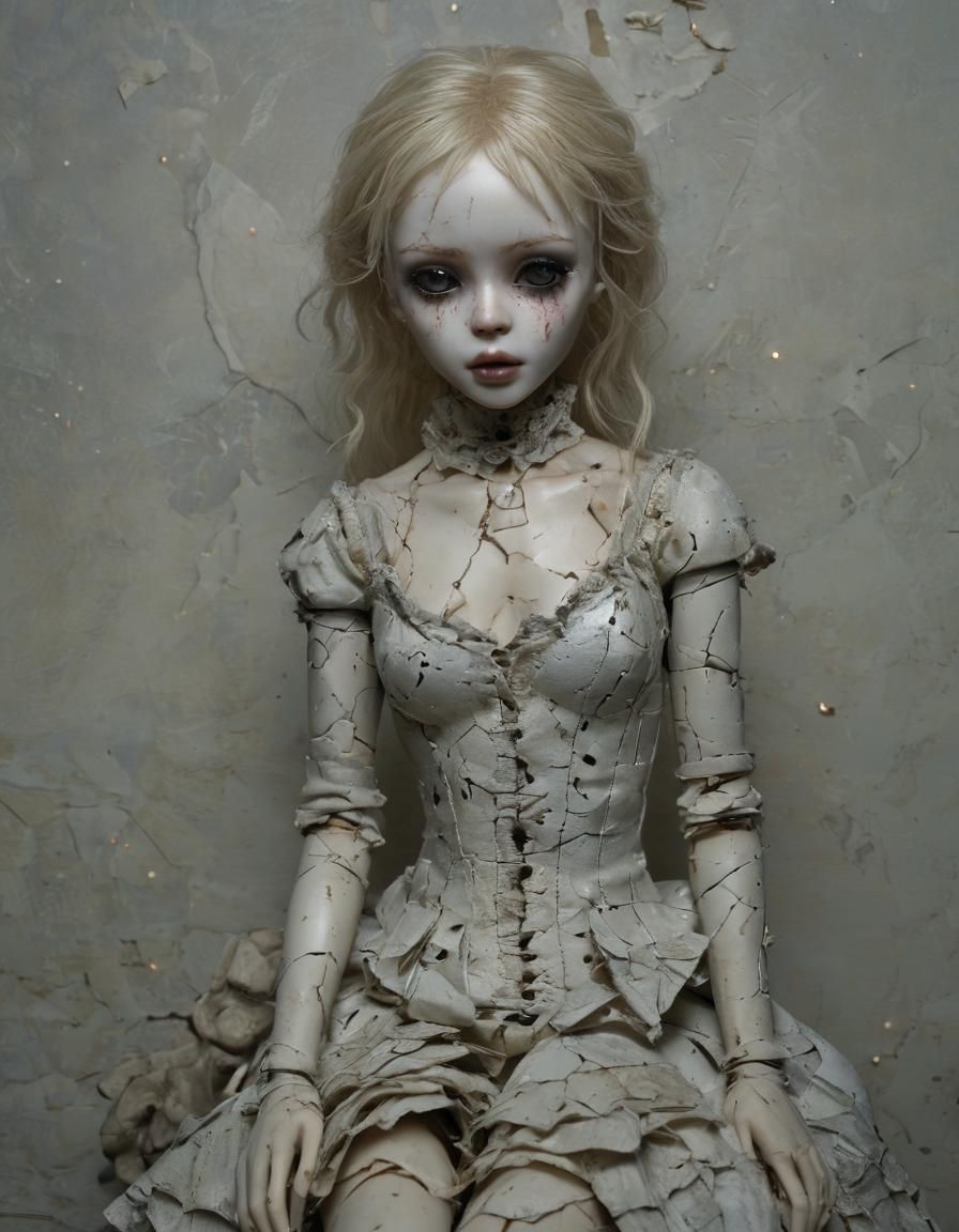 Shattered Porcelain Doll in Gothic Surrealism