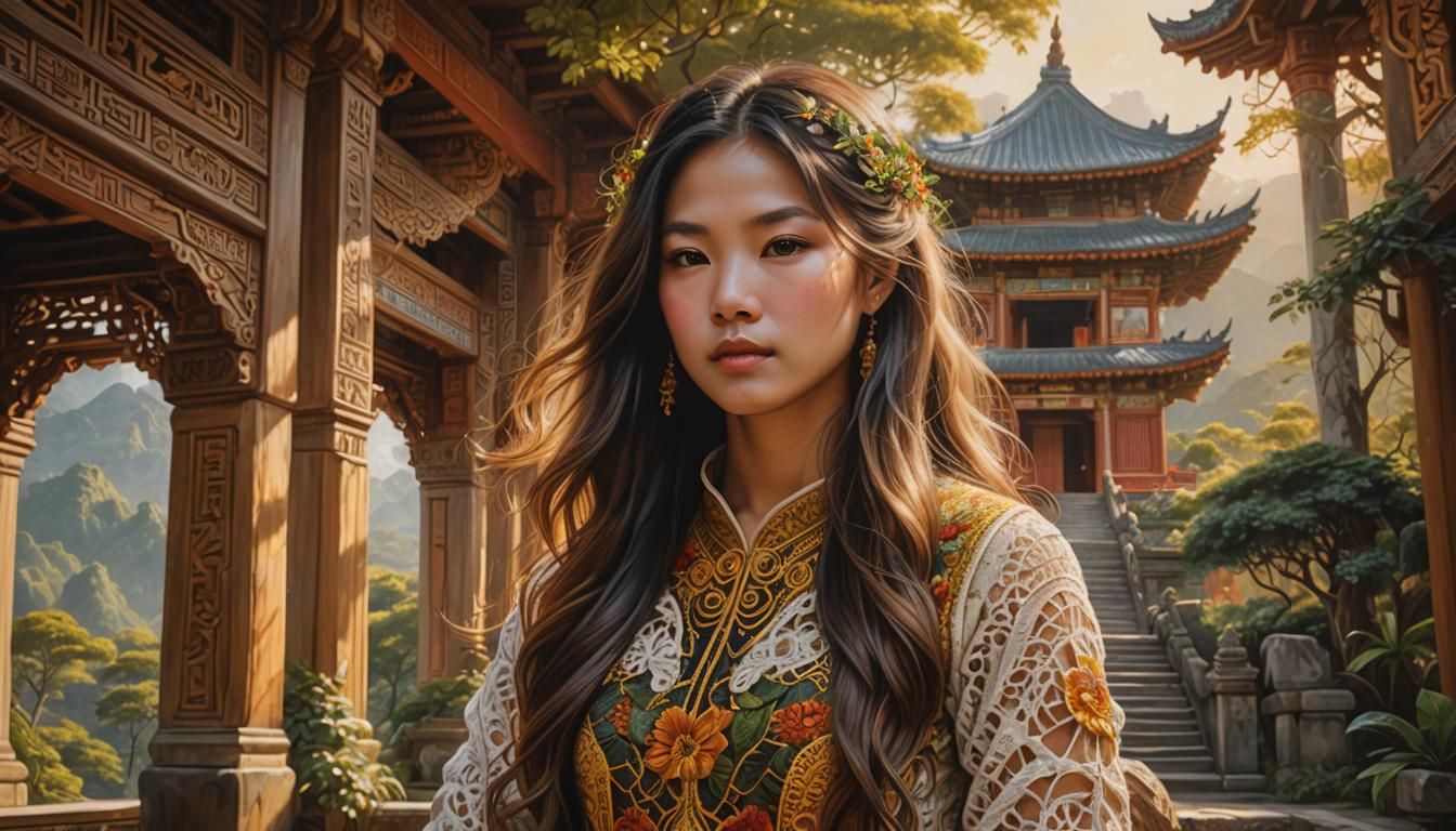 Taiwan Temple Woman in Hyperrealistic Oil Painting