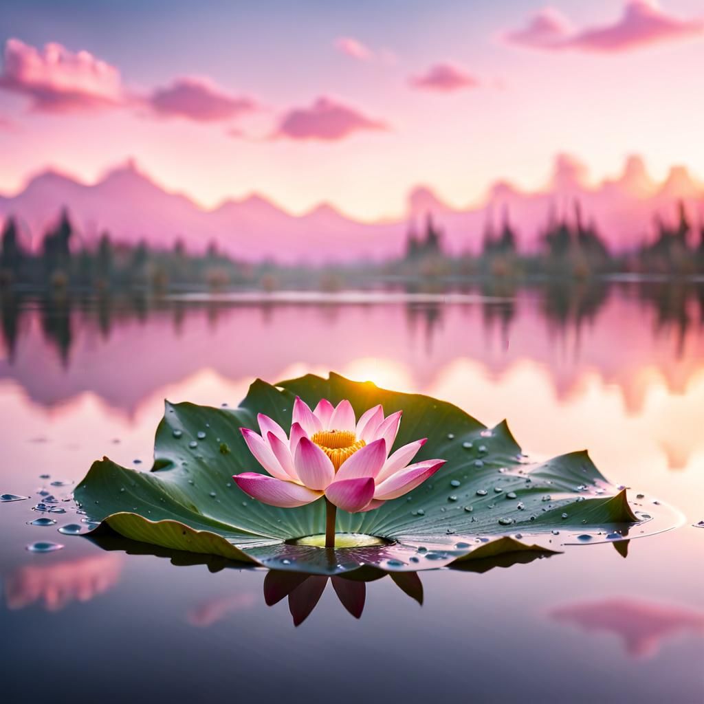 Lotus Flower in Lake at Sunrise: Hyperrealistic Image