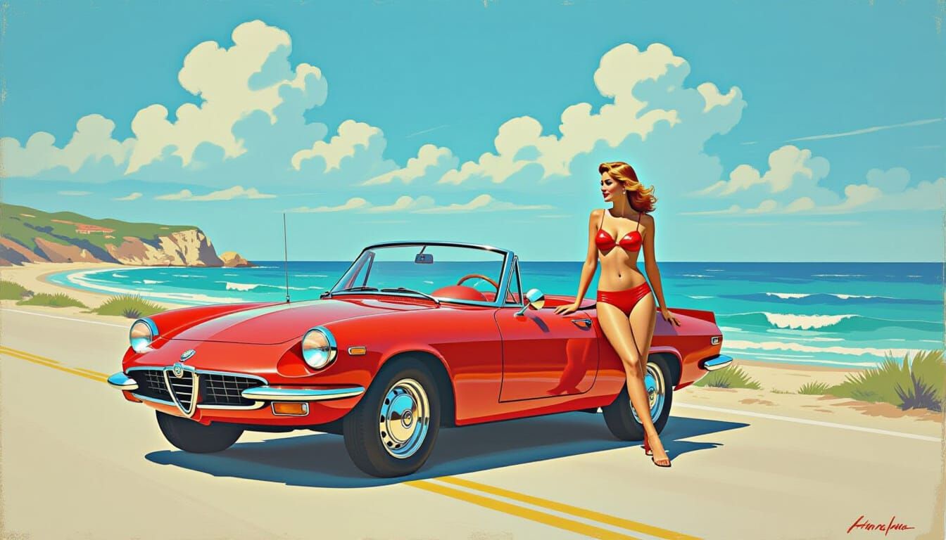 Pinup Model with Classic Alfa Romeo on Coastal Road