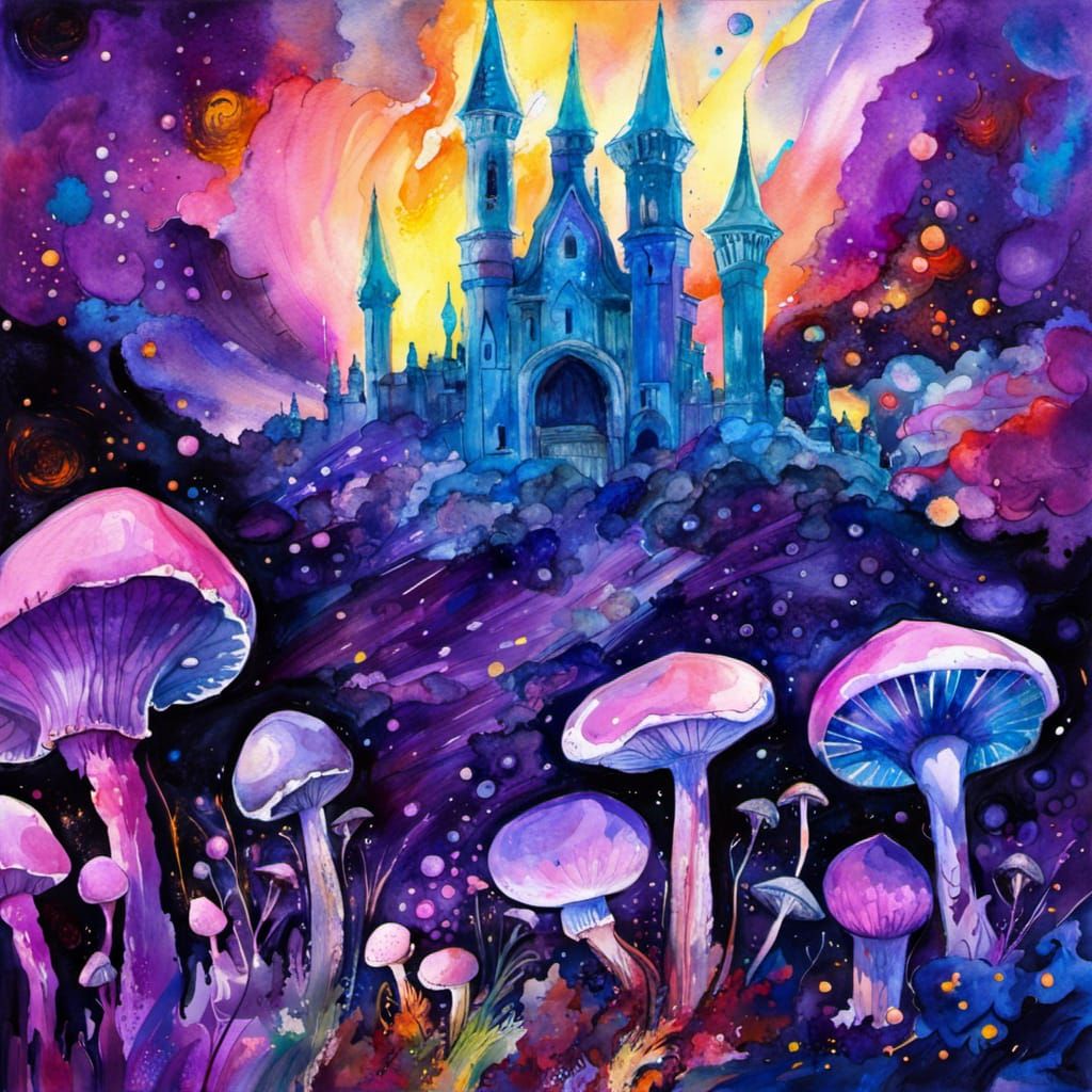 Psychedelic Mushroom Castle Under Nebula Sky