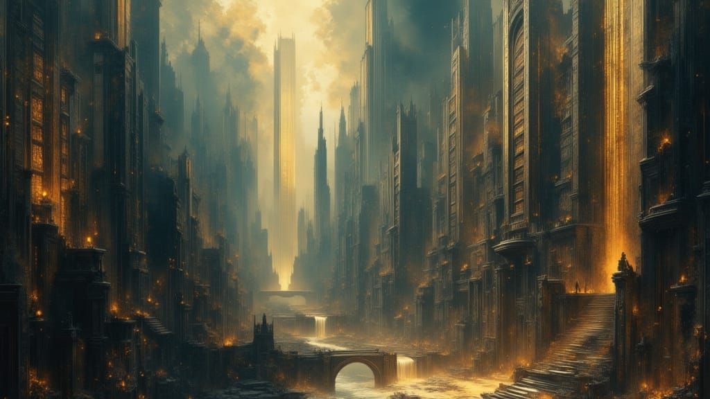 City Between Light and Shadow in Brutalist Style