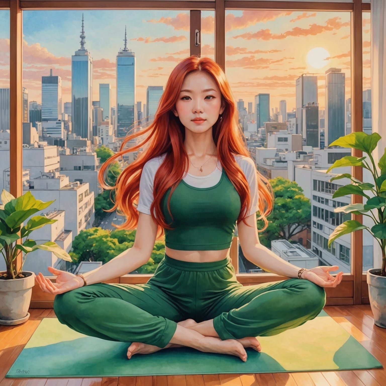 Kawaii Japanese Woman in Yoga Pose, Watercolor Art