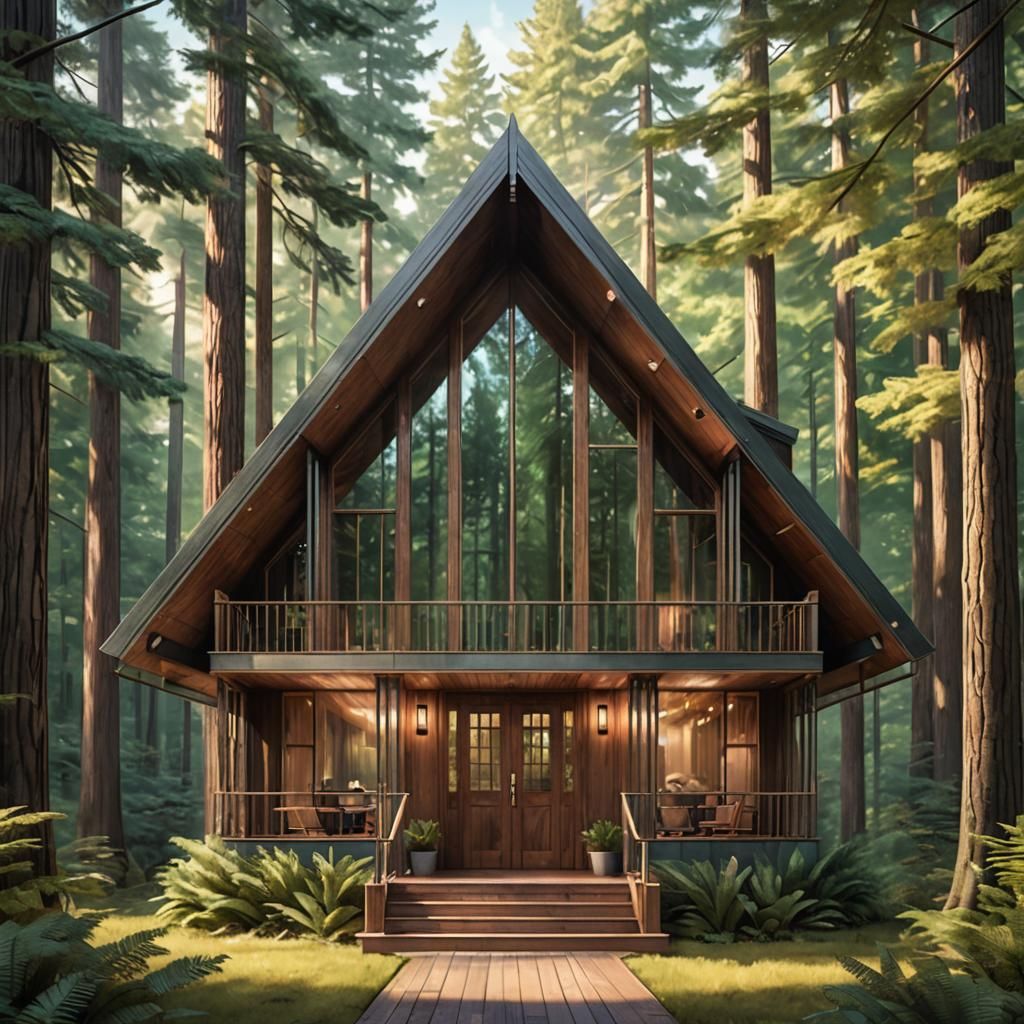 Art Deco Cabin in Forest, Digital Rendering