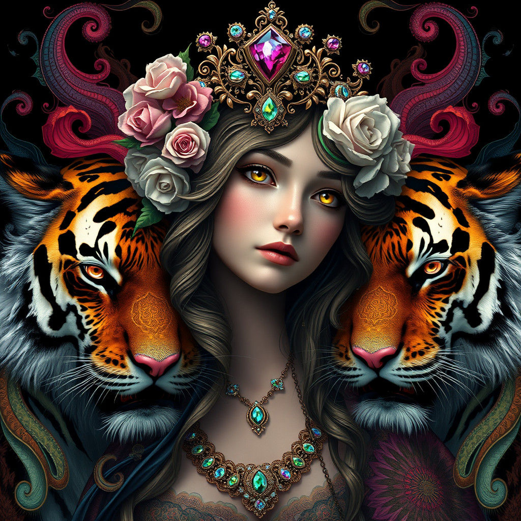 Fantasy Flower Girl Surrounded by Tigers in Art Nouveau Styl...