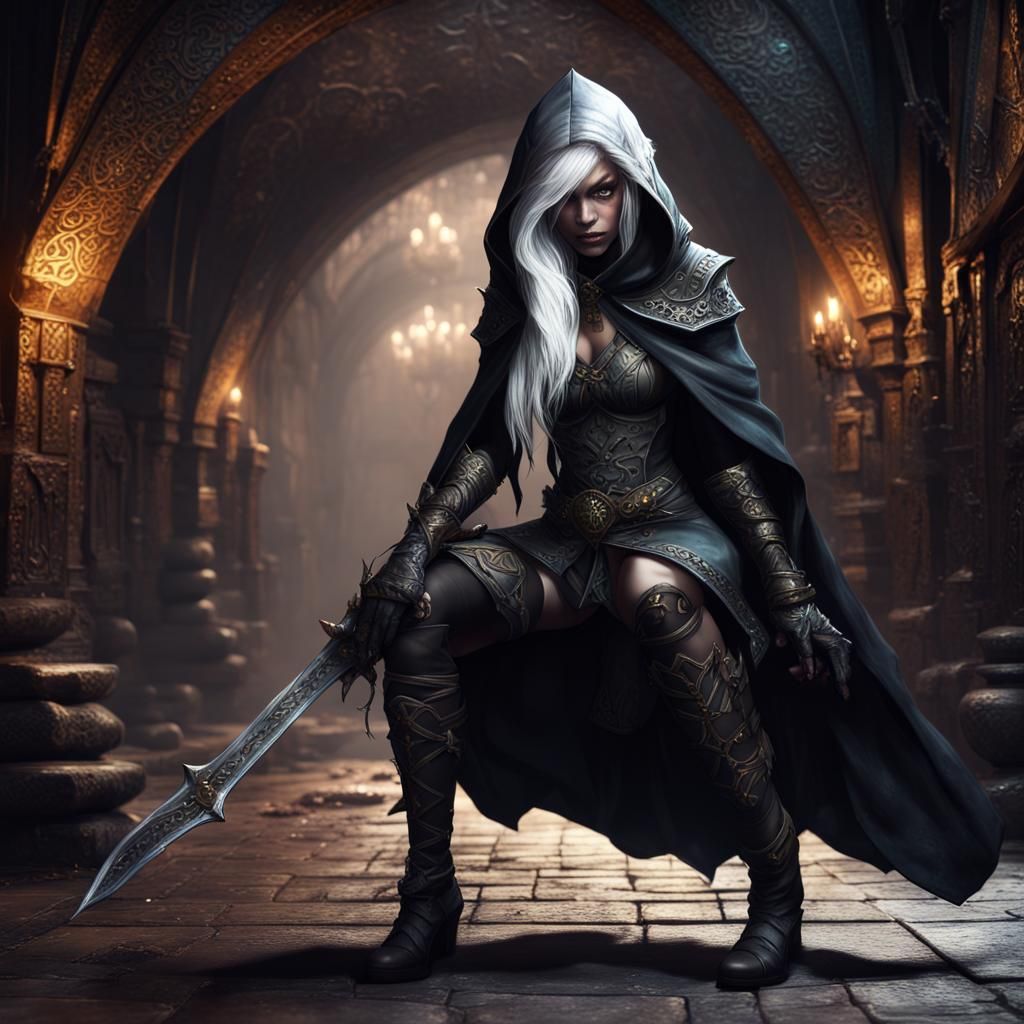Drow Elf Rogue in Underground City Alley