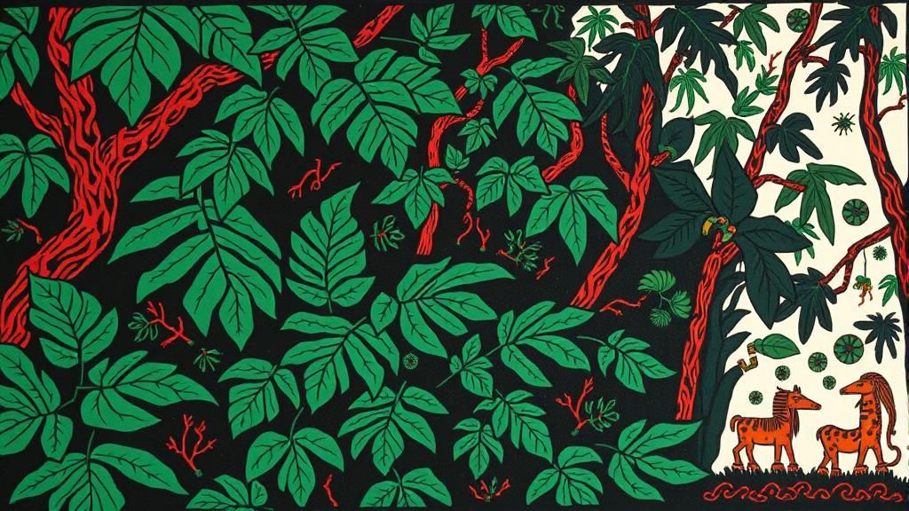 Primal Forest with Aztec Gods in Primitivism Style