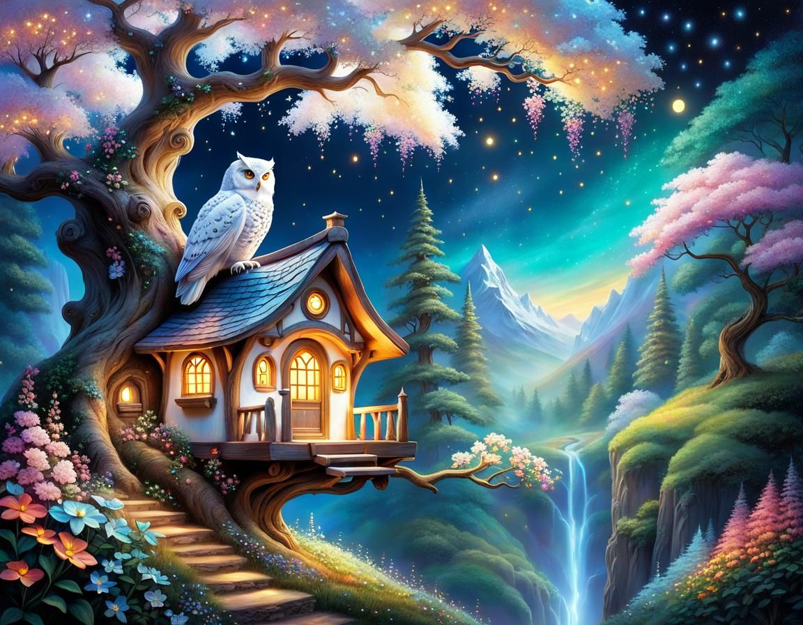 Opalescent Owl in Ethereal Forest with Hobbit Home