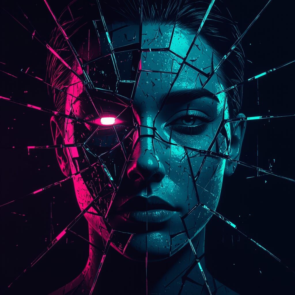 Fragmented Cyberpunk Portrait with Pixelated Distortion