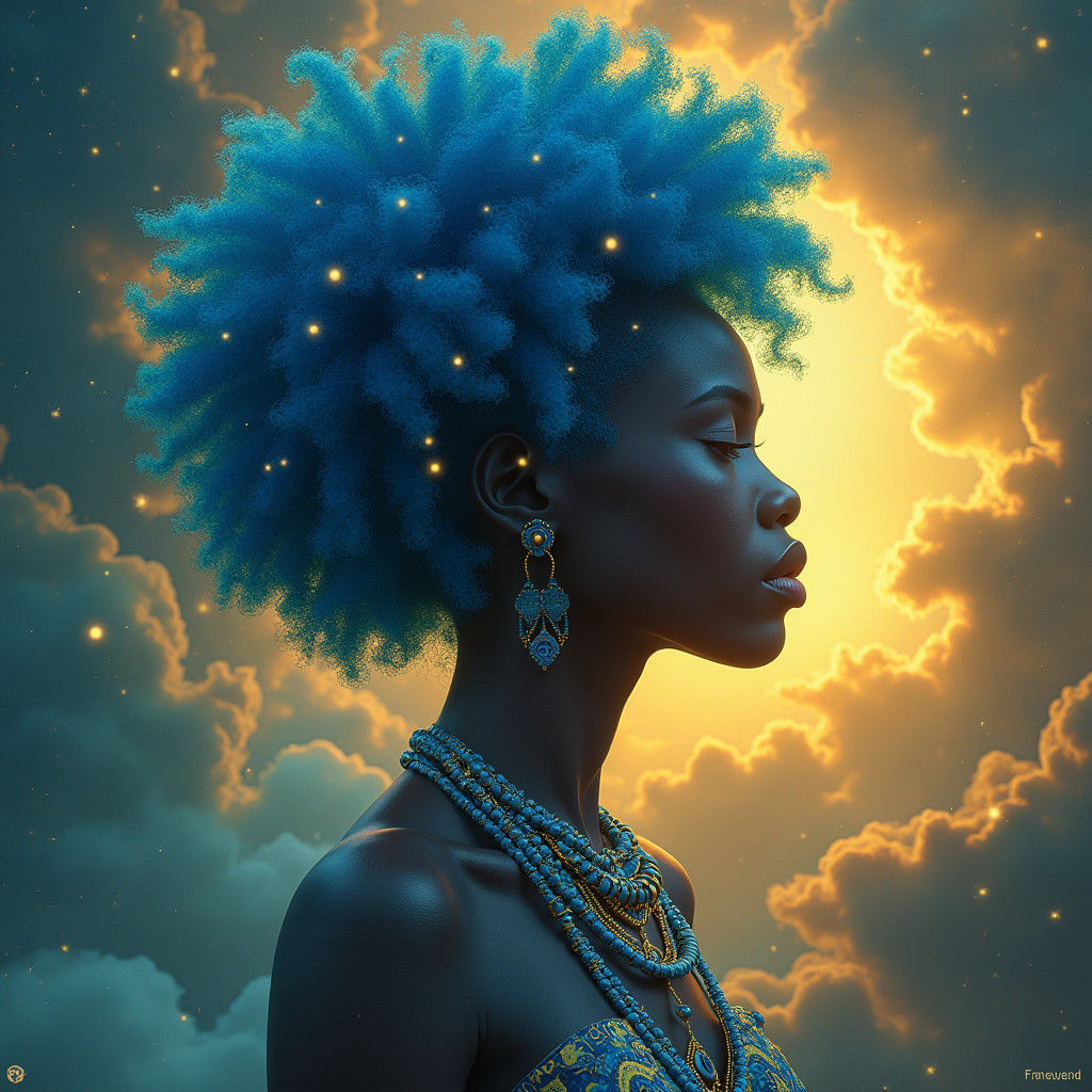 Mystical African Woman with Blue Afro, 3D Matte Painting
