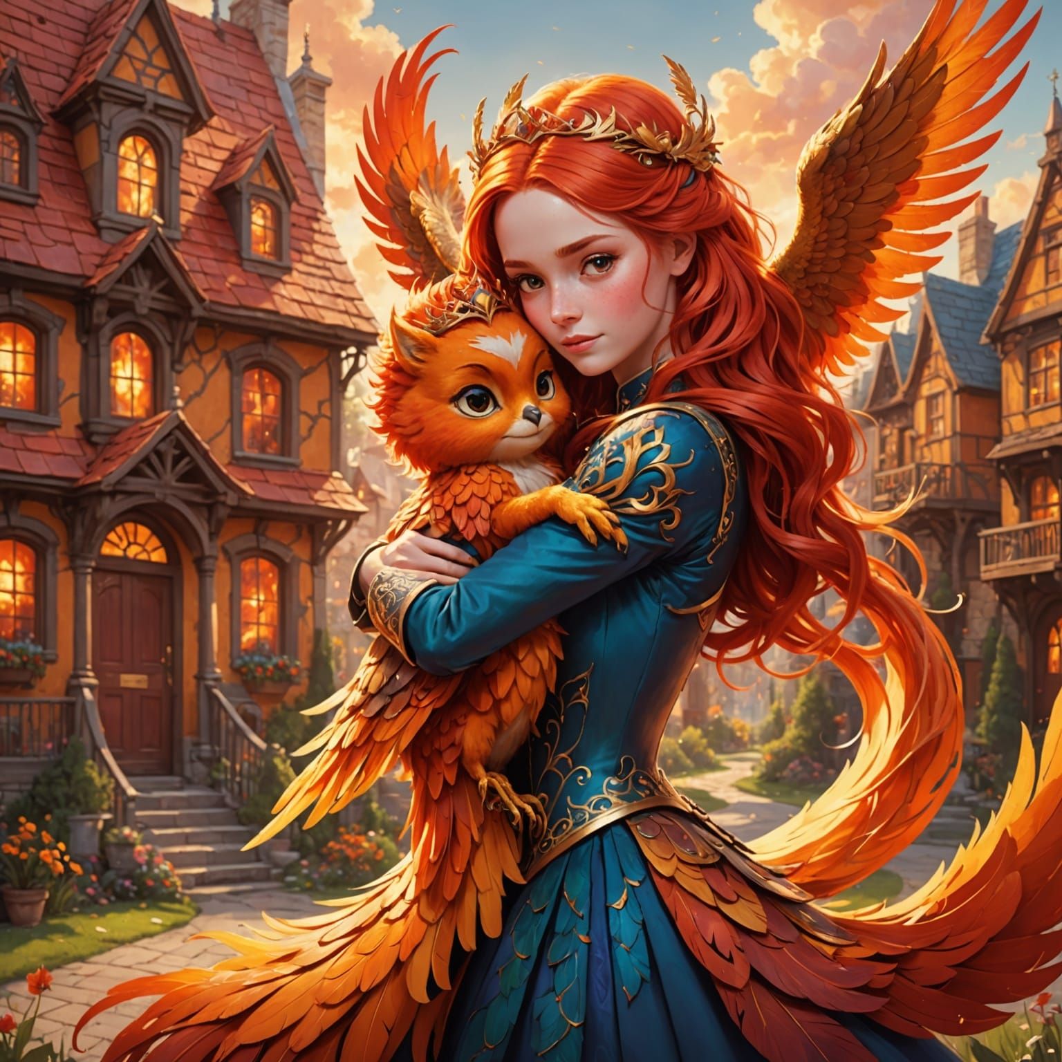 Fiery-Haired Princess Hugs Phoenix in Storybook Realm