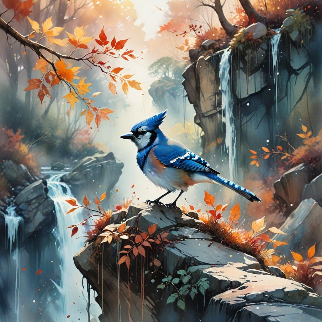 Blue Jay in Autumnal Watercolor Landscape