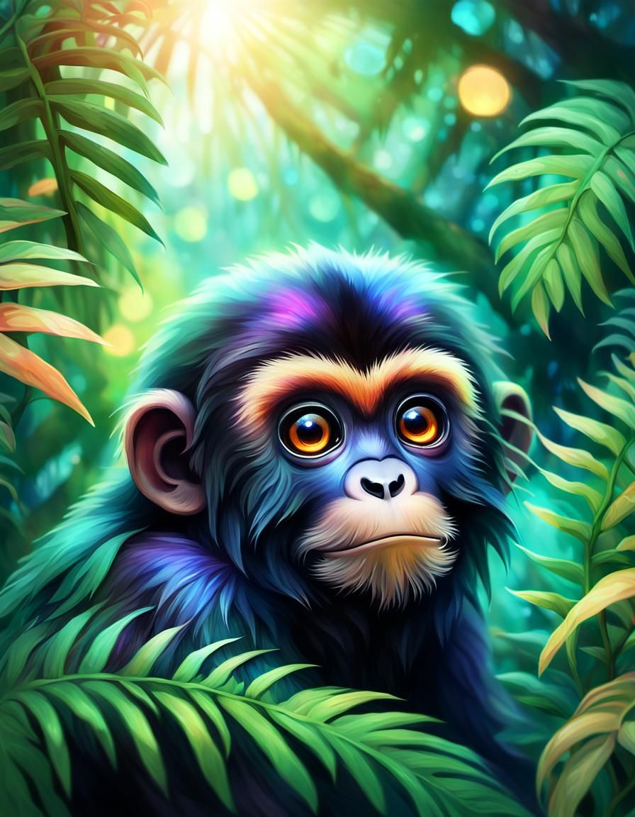 Chibi Howler Monkey in Surreal Iridescent Jungle