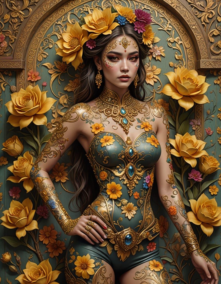Woman's Body Seamlessly Blends with Antique Floral Wall