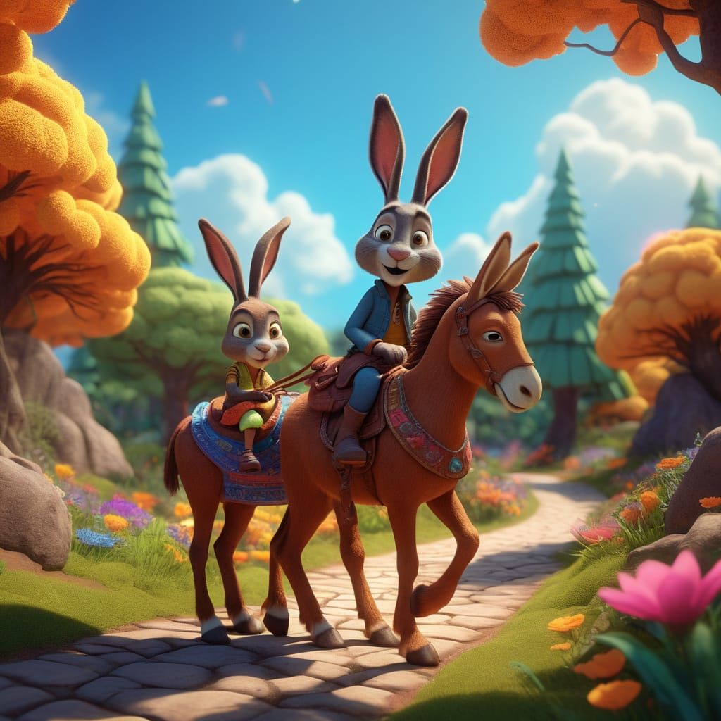 American 3D cartoon style animation with cgi hare rides in t...