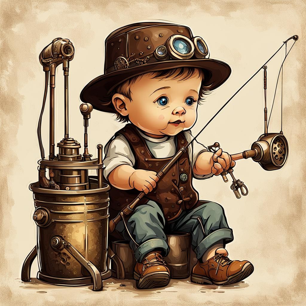 Steampunk Cibi Baby Boy with Fishing Rod