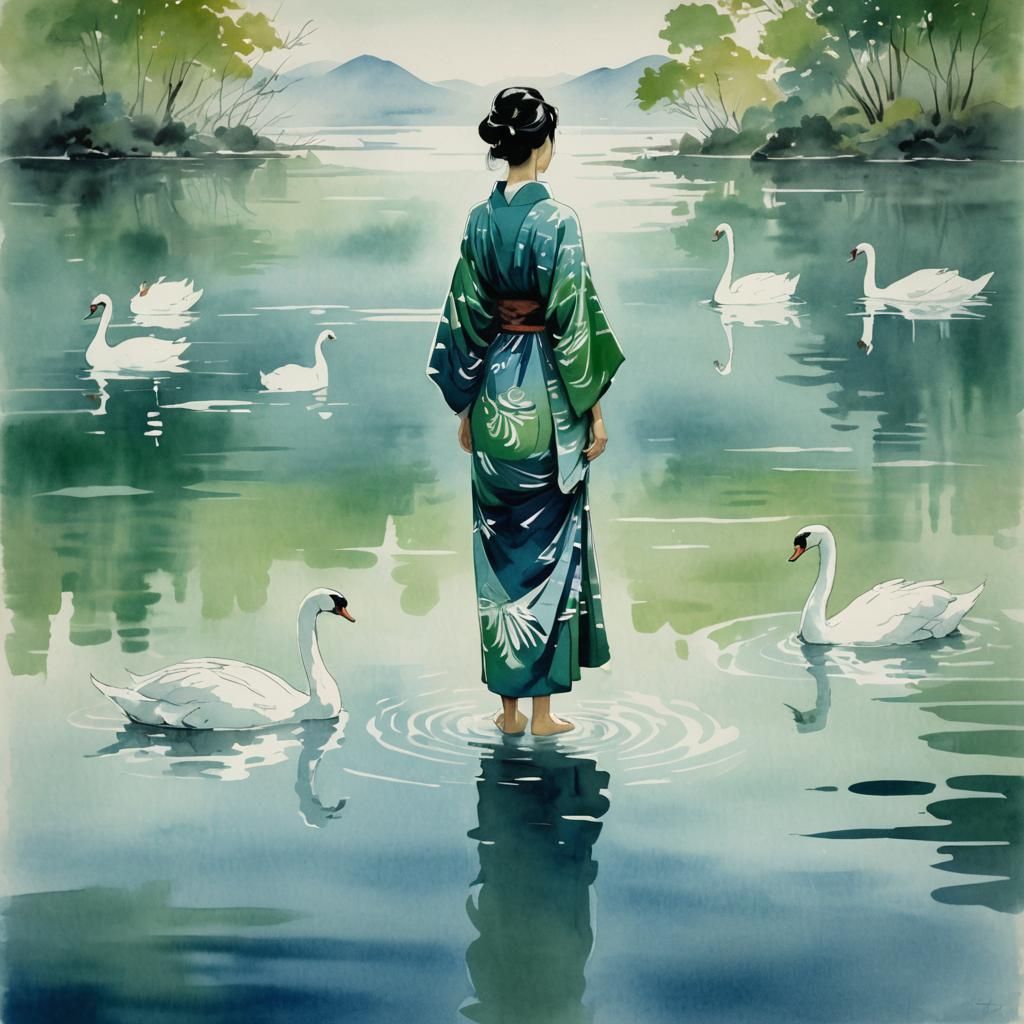 Sumi-e Ink Art: Woman Watching Swans