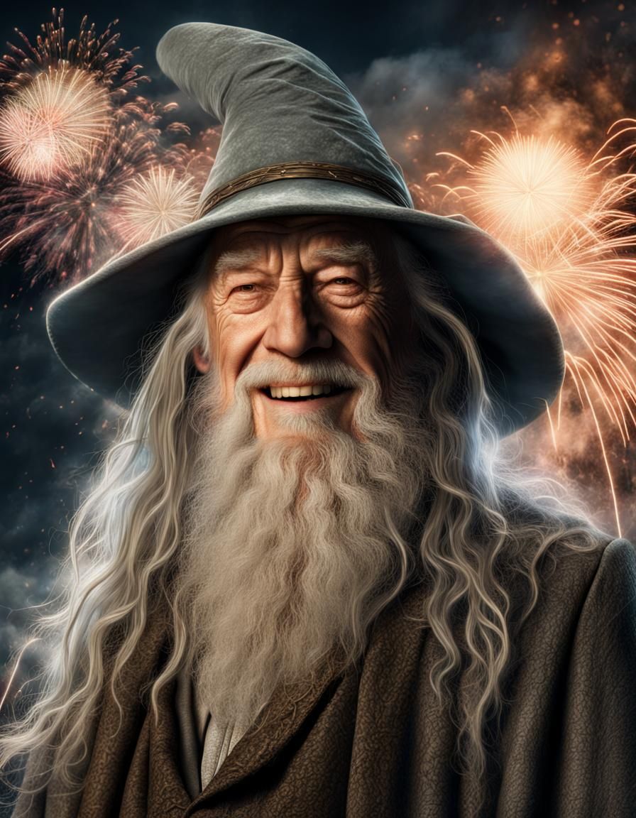 Gandalf Smiles Amidst Fireworks Display