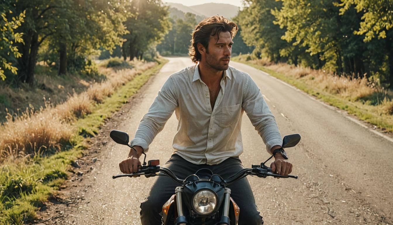 Italian Man Rides KTM 125 in Sun-Drenched Landscape