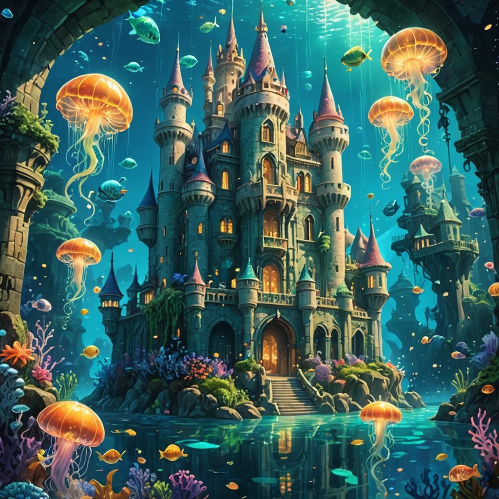 Underwater Castle with Mermaids in Miyazaki Style