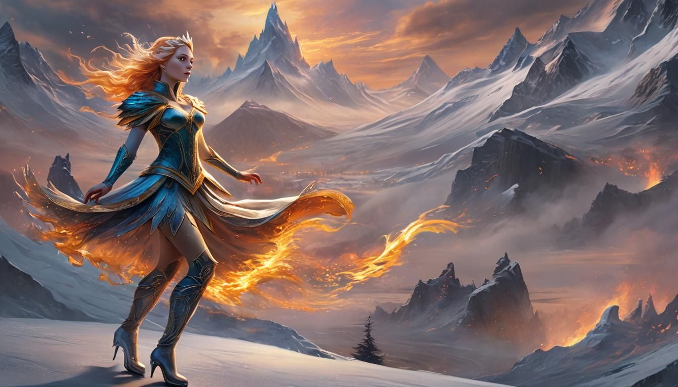 Ice Skating Fire Queen in Frozen Landscape