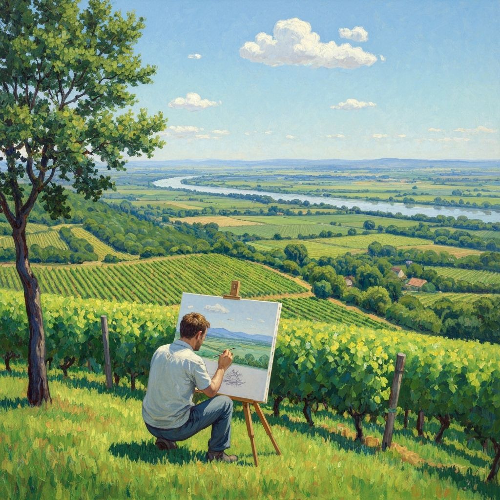 Artist Sketching Vineyards on Rolling Hills in Van Gogh Styl...