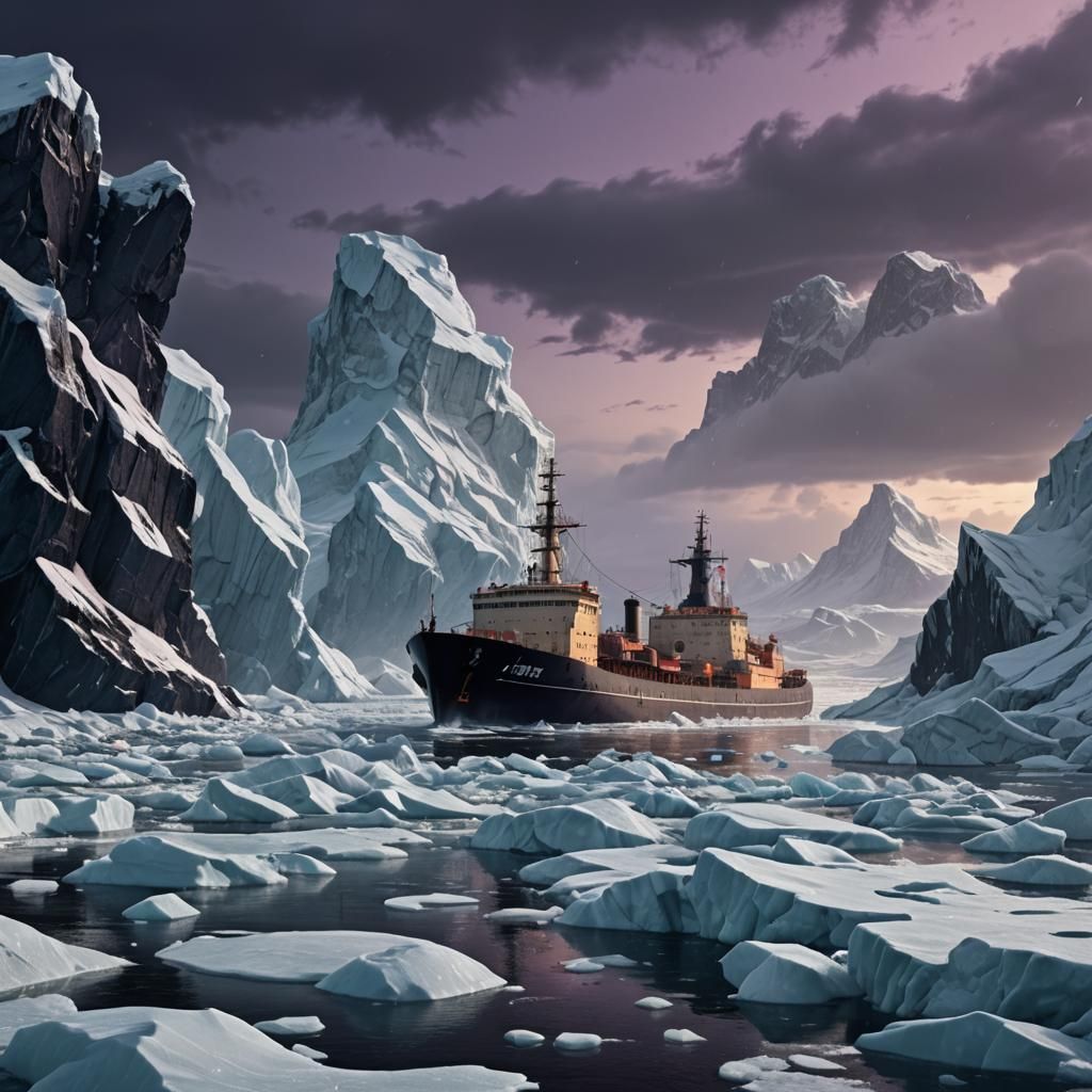 Nuclear Icebreaker in Gloomy Arctic Landscape