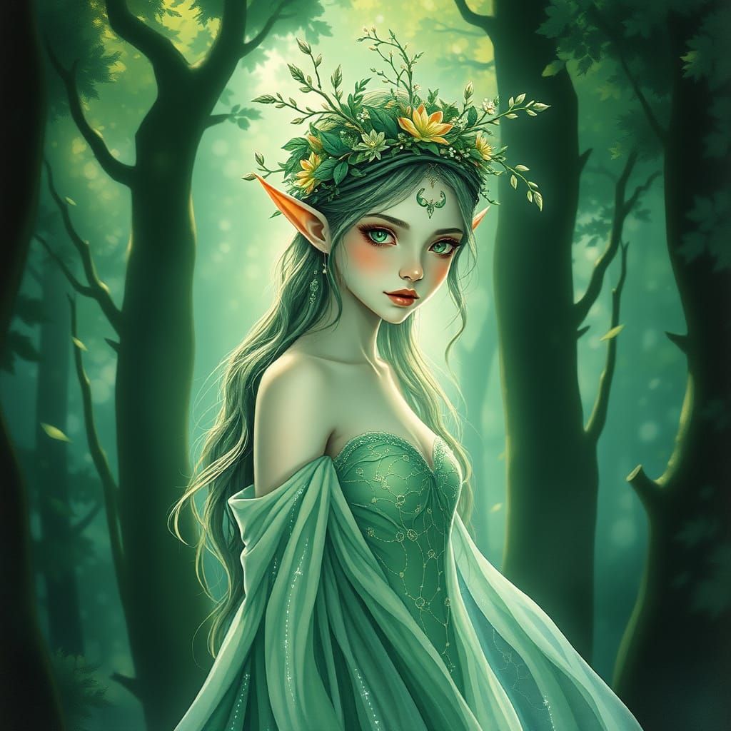 Enchanted Forest Queen in Glowing Green Aura, Fantasy Art