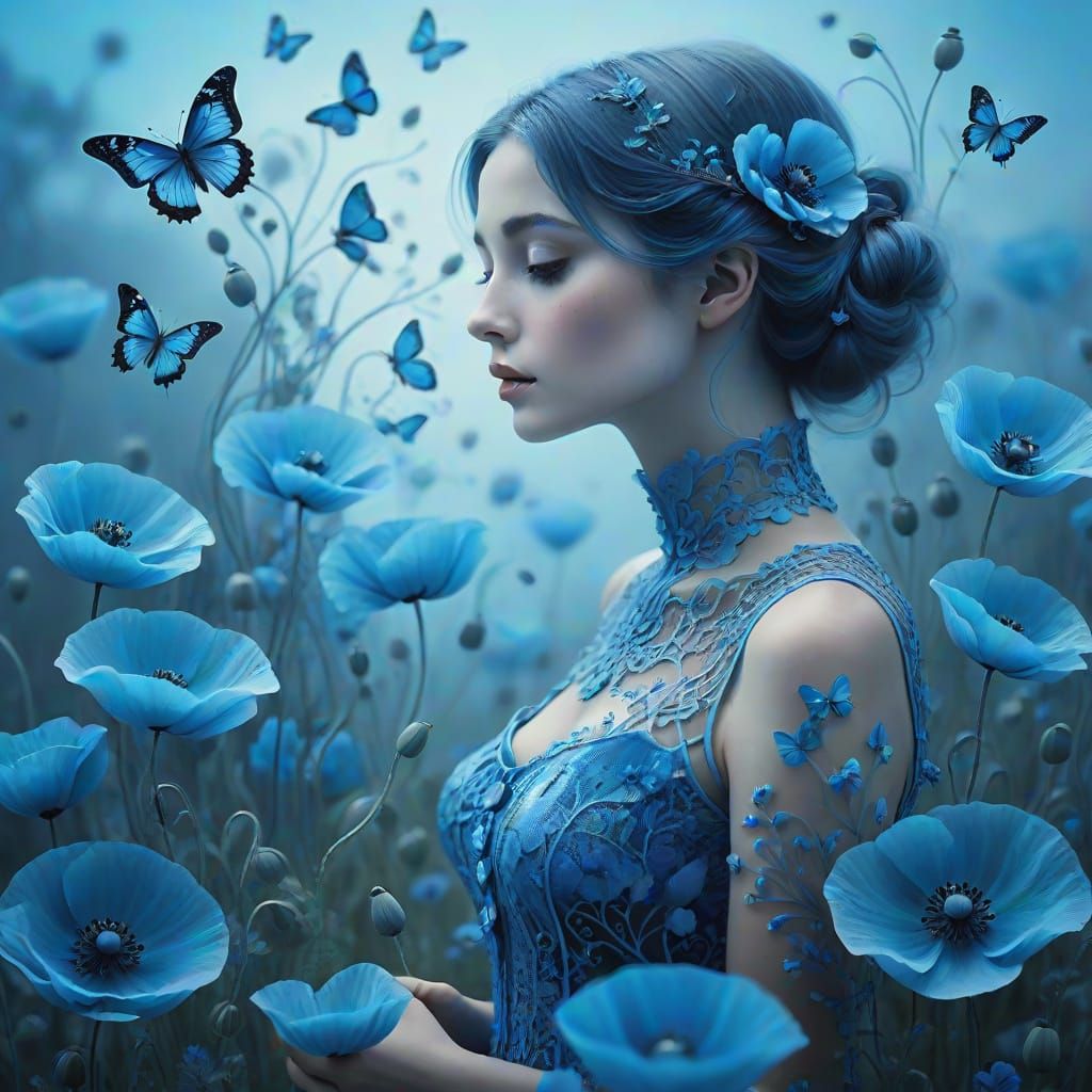 Ethereal Woman in Blue Dreamscape Digital Art