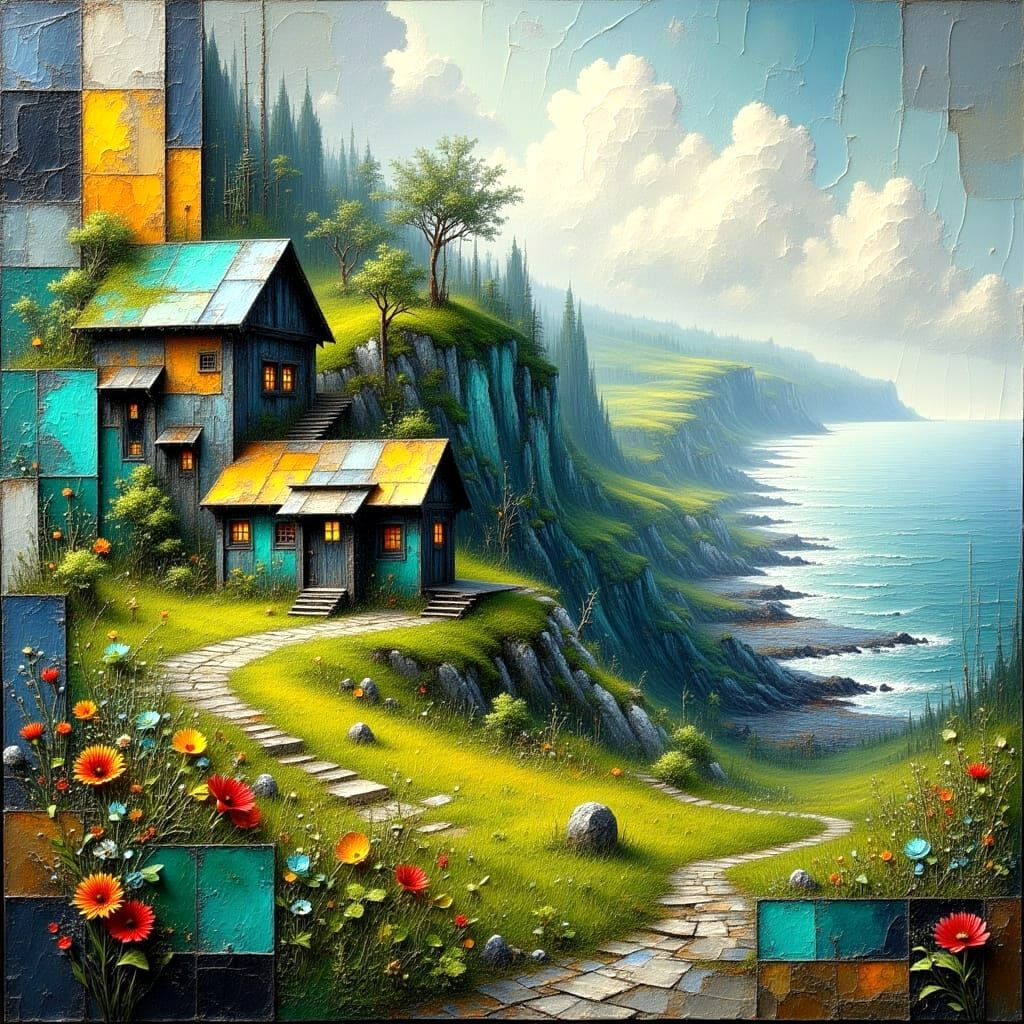 Rustic Cliffside Cottages Amidst Vibrant Wildflowers and Oce...