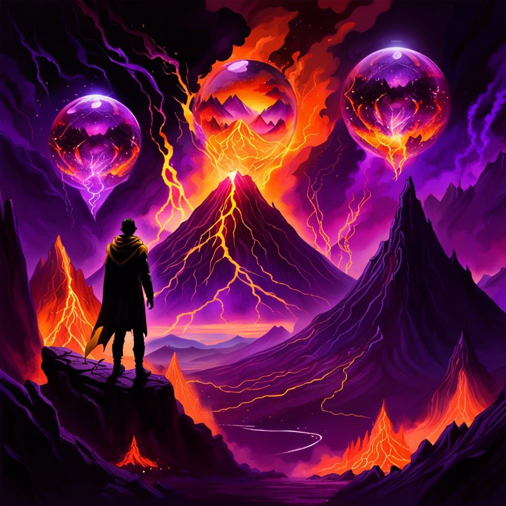 Volcanic Dark Fantasy Art with Crystal Orbs