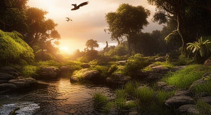 Migratory Birds Fly Towards Sunset: Fantasy Concept Art