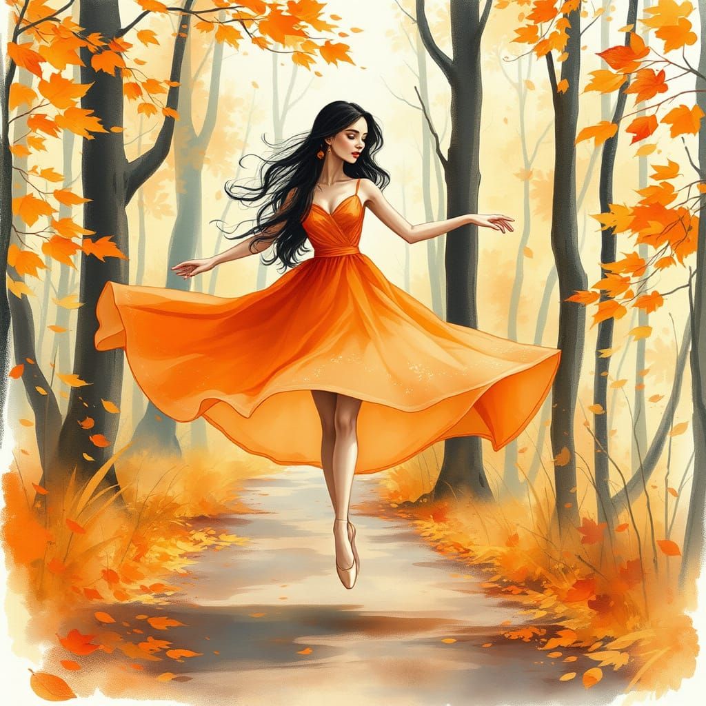 Autumn Ballerina in Watercolor Dreamscape