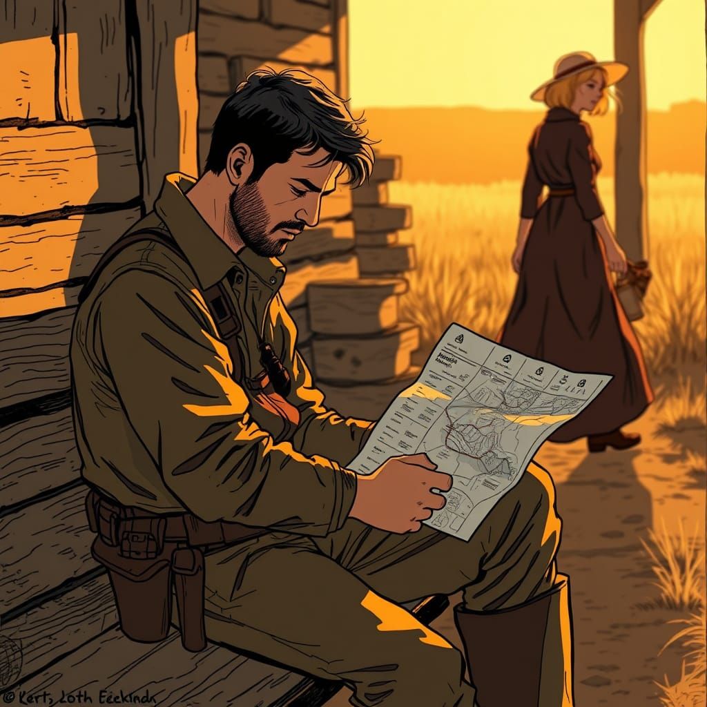 Melancholy Sunset: Man with Map on Bench