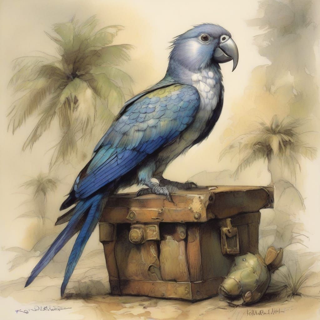 Pirate Parrot Guarding Treasure, Grotesque Illustration