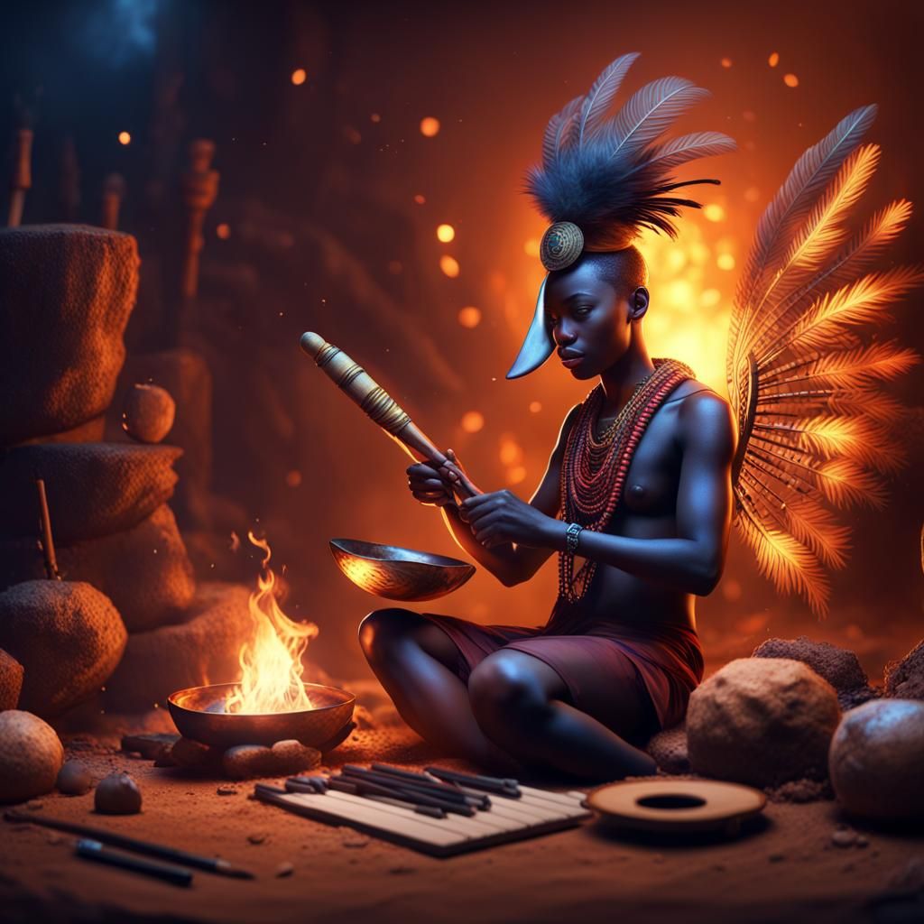 Feathered Pen Writes Music at Bonfire, Detailed Matte Painti...