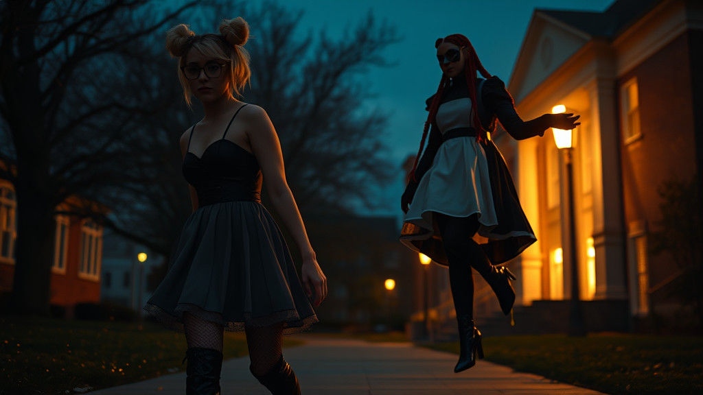 Eerie College Campus at Dusk with Two Mysterious Women